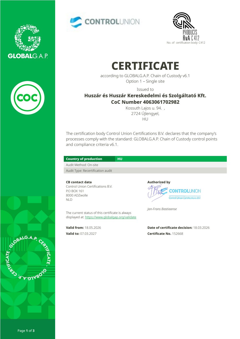 A GLOBALG.A.P. Chain of Custody tanúsítvány első oldala